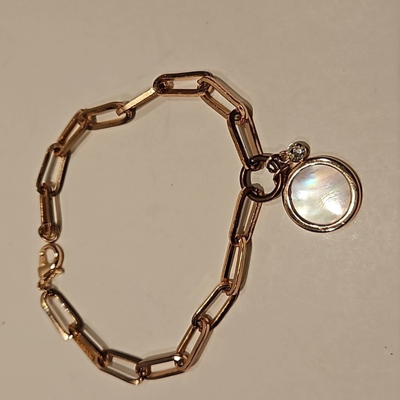 Vintage Mother of Pearl & Rhinestone Gold-Tone Link 7.5" Bracelet - Picture 1 of 5